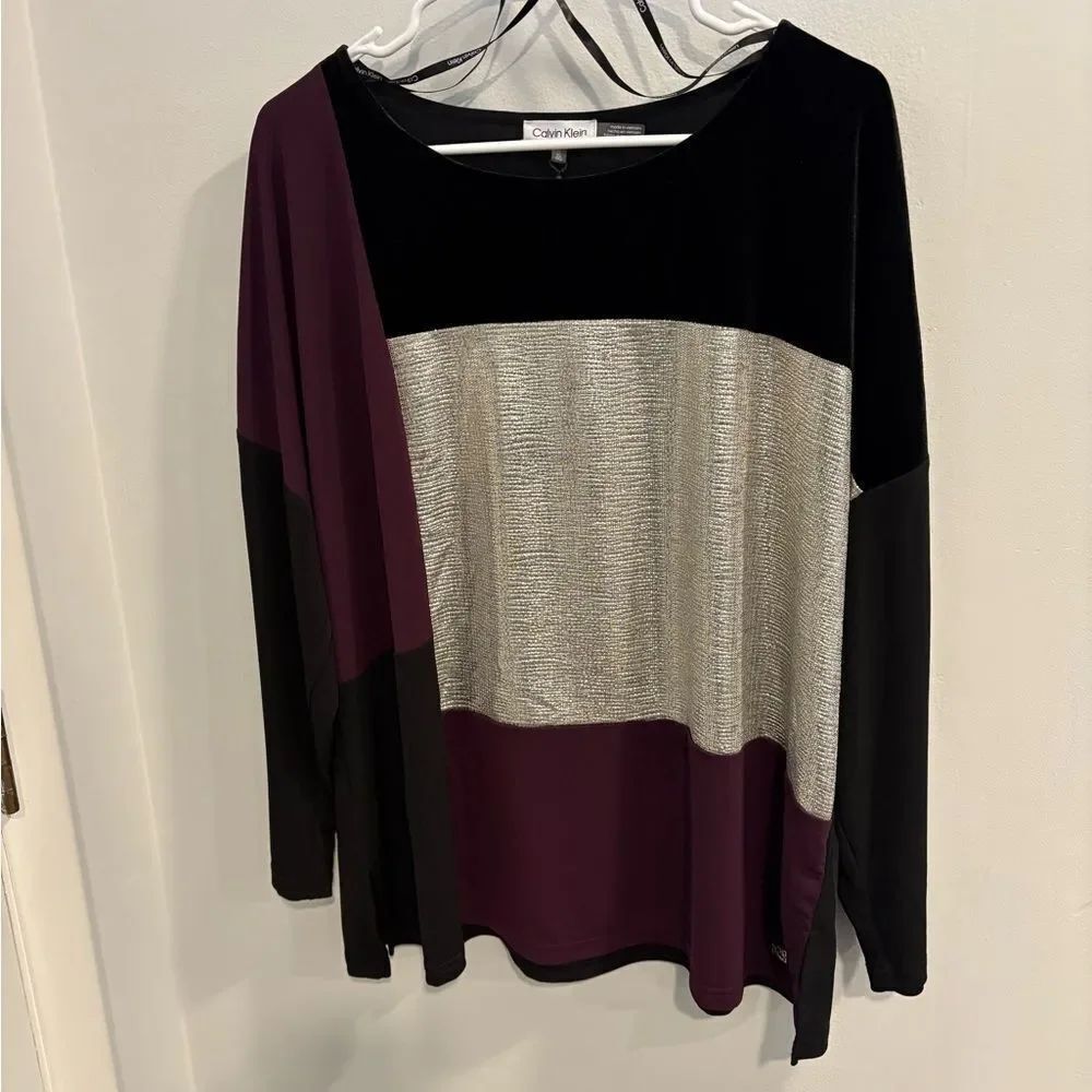 Calvin Klein Colorblock Long Sleeve Top - Black, Silver, Plum NWOT